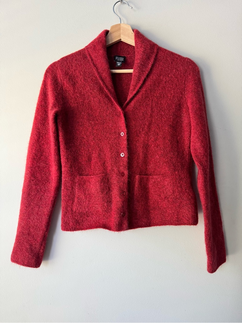 Eileen Fisher Red Shawl-Collar Button Front Sweater